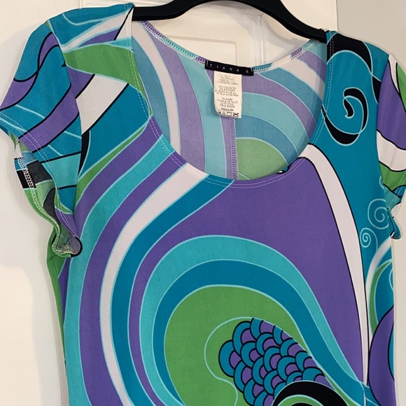 Tiana B. Blue Purple Green Retro Swirl Pattern Dress - Picture 4 of 9